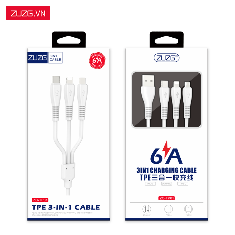 Cáp sạc nhanh 6A 3in1 ZUZG TP01