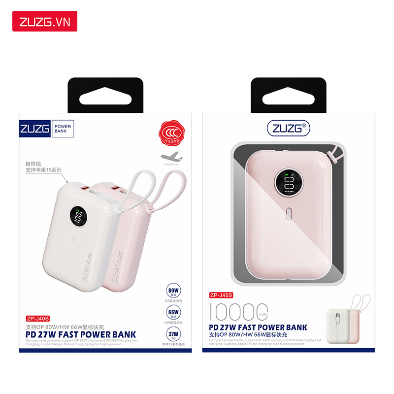 Sạc dự phòng 10000mAh 22.5W liền dây mini ZUZG - J40X