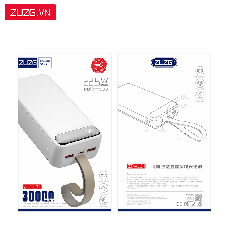 Sạc dự phòng 30000mAh có đèn ZUZG - J31