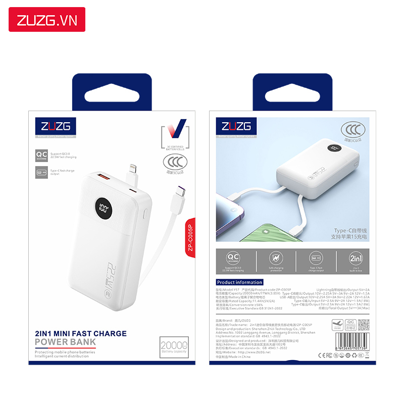 Sạc dự phòng 20000mAh 22.5W Liền dấy ZUZG - C005P