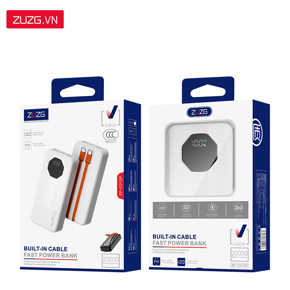 Sạc dự phòng 20000mAh 22.5W liền dây ZUZG - C013P