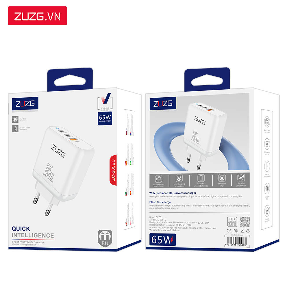 Củ sạc nhanh 3 cổng U-C-C 65W ZUZG - 205EU