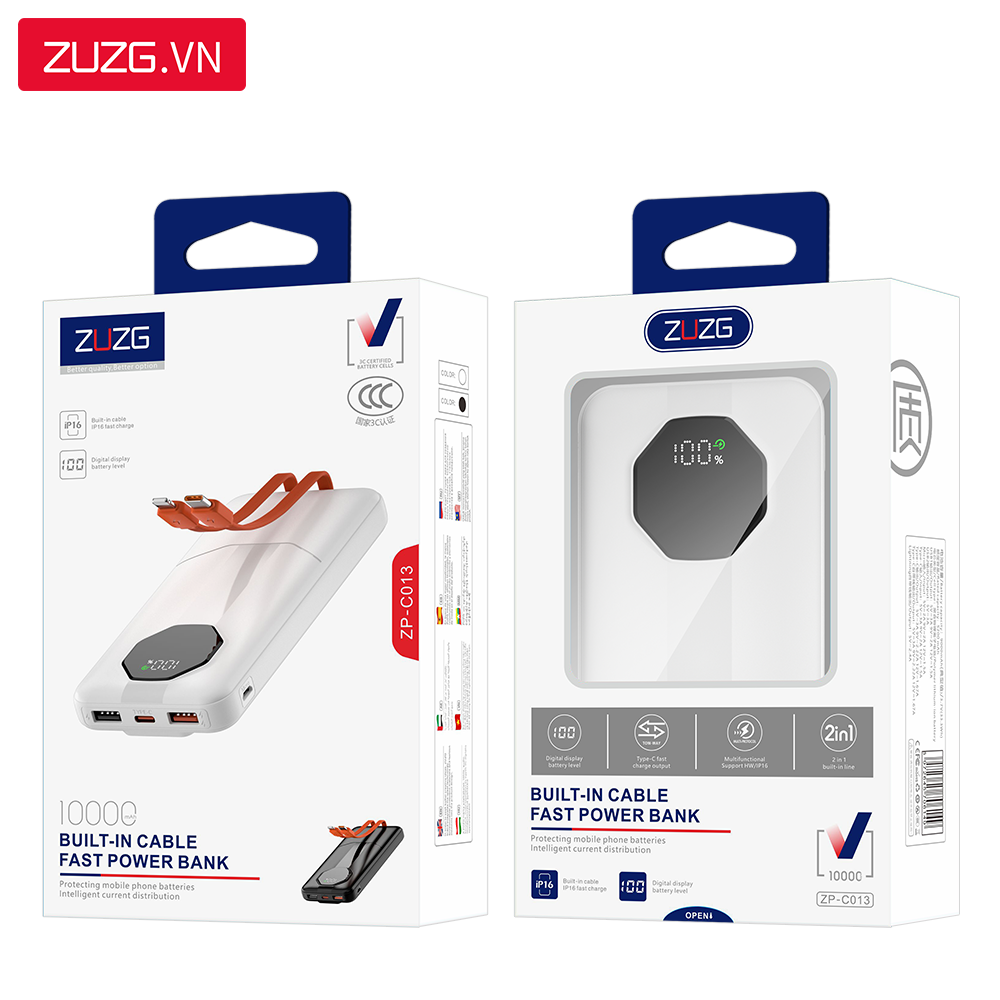 Sạc dự phòng 10000mAh 22.5W liền dây ZUZG - C013